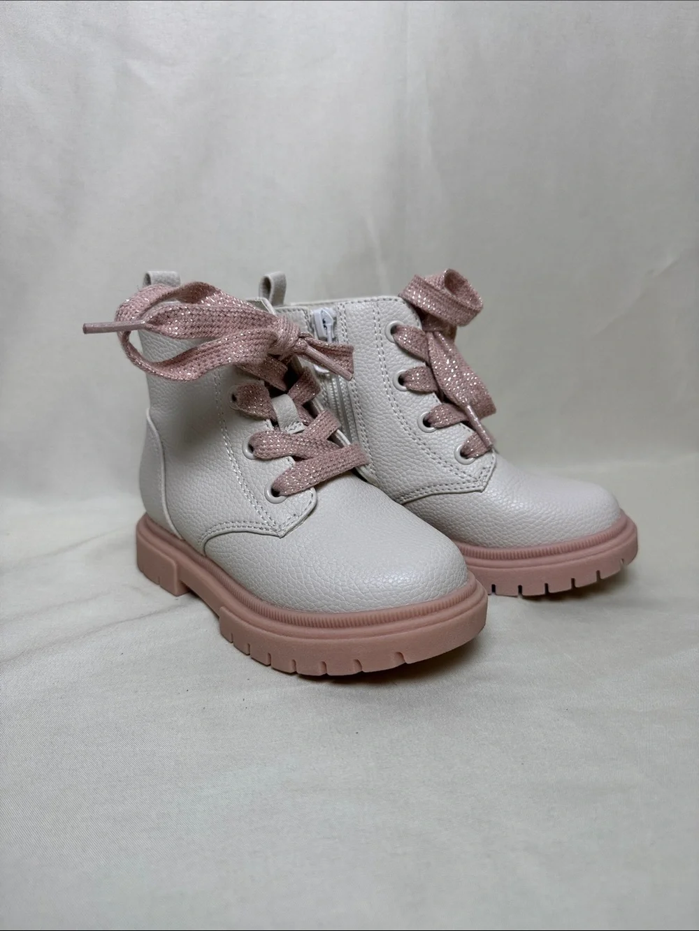 Cat & Jack Cream and Pink Girls Lace-Up Ankle Boots